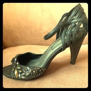 Embellished leather high-heeled sandals